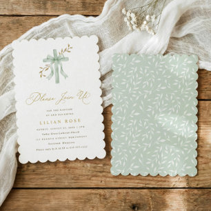 Elegant Bow Cross Sage Watercolor Greenery Baptism Invitation