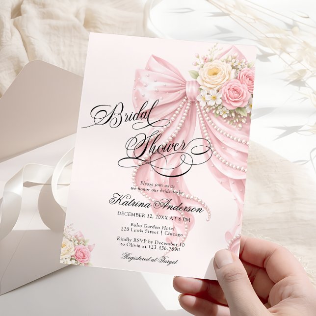 Elegant Bow Floral Blush Pink Bridal Shower  Invitation (Creator Uploaded)