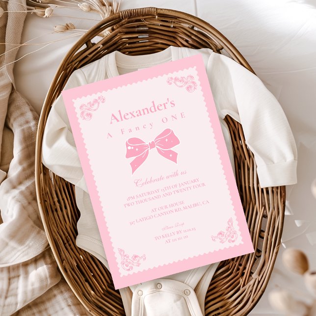 Elegant Bow Floral Fancy ONE Girl 1st Birthday  Invitation (Creator Uploaded)