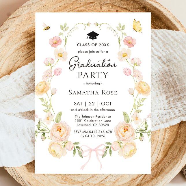 Elegant Bow Floral Garden Graduation Party Invitation (Creator Uploaded)