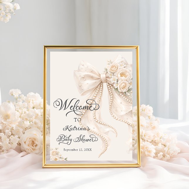 Elegant Bow Floral Girl Baby Shower Welcome Poster (Creator Uploaded)
