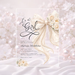 Elegant Bow Floral It's a Girl Baby Shower Acrylic Invitations