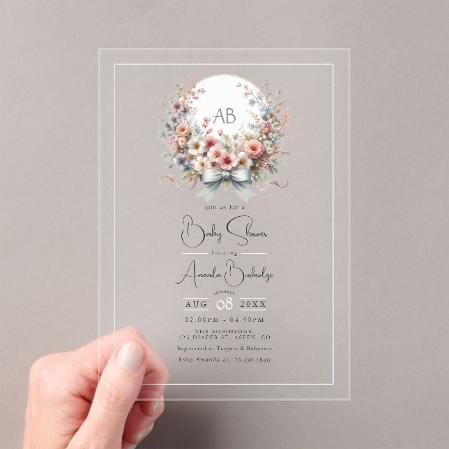 Elegant Bow Floral Monogram Baby Shower Acrylic Invitations (Insitu (Handheld))