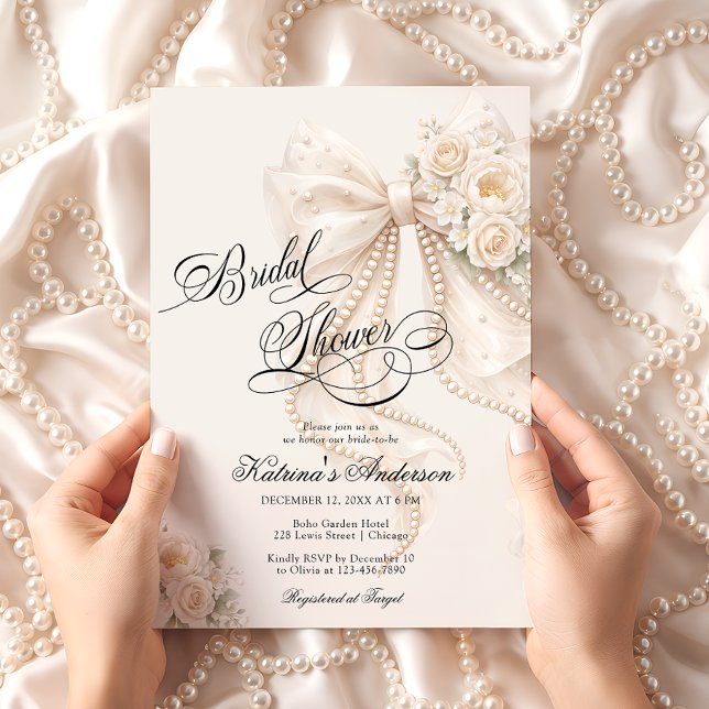 Elegant Bow Floral Neutral Bridal Shower  Invitation (Creator Uploaded)