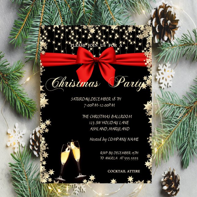 Elegant, Bow,Glass,Stars  Company Christmas Party Invitation (Creator Uploaded)