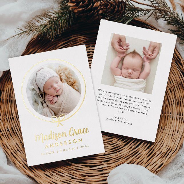 Elegant Bow Gold Foil Birth Announcement (Creator Uploaded)