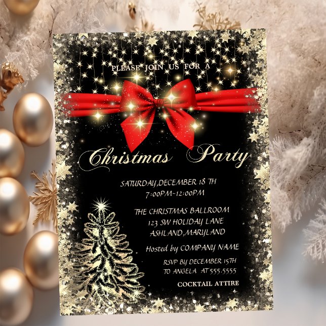 Elegant, Bow Gold Tree Stars  Company Christmas  Invitation (Creator Uploaded)