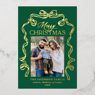 Elegant Bow Green Merry Christmas 5 Photo Foil Holiday Card