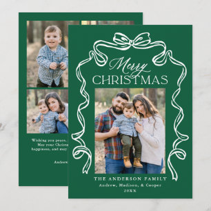Elegant Bow Green Merry Christmas 5 Photo Holiday Card