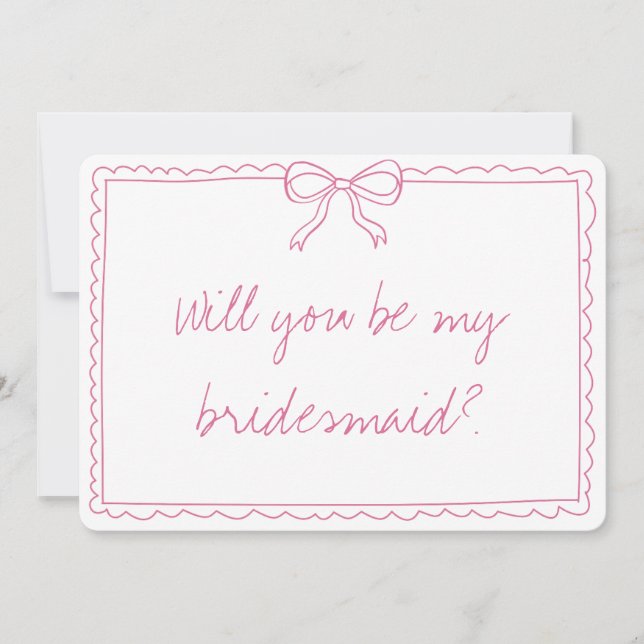 Elegant Bow Handwritten Pink Bridesmaid Proposal Card (Front)