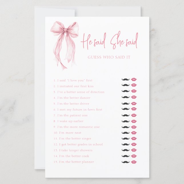 Elegant Bow He Said She Said Bridal Shower Game (Front)