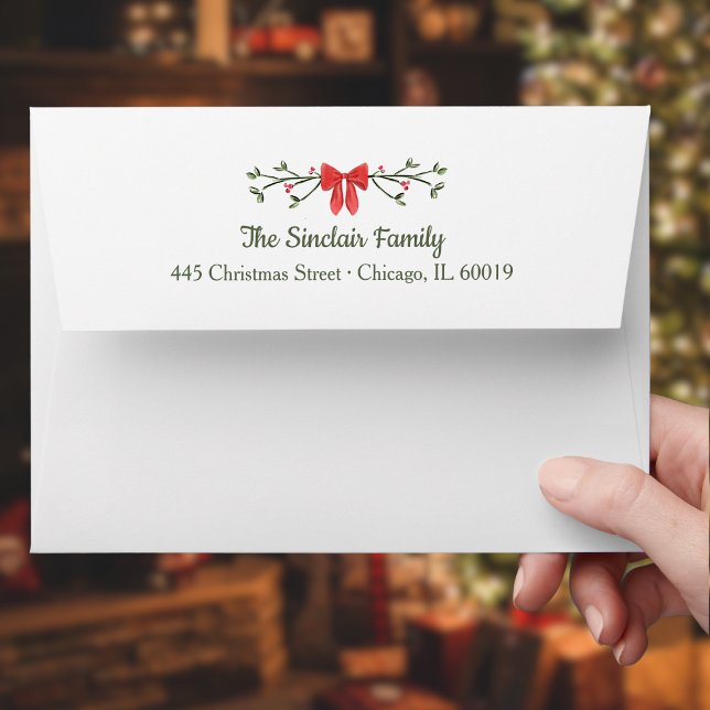 Elegant Bow & Holly Personalised Christmas Return  Envelope (Send holiday cheer from your family with this festive, personalized envelope design!)