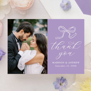 Elegant Bow Lavender Photo Wedding Thank You Card
