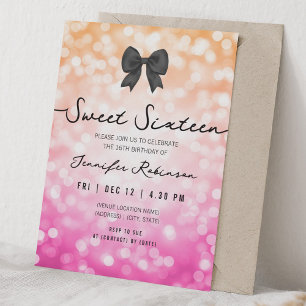 Elegant Bow Lights Sweet Sixteen Ombre Orange Pink Invitation