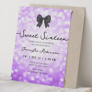 Elegant Bow & Lights Sweet Sixteen Purple Invitation