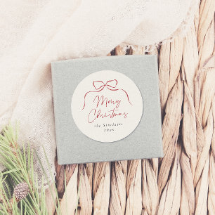 Elegant Bow Merry Christmas Family Name Classic Round Sticker