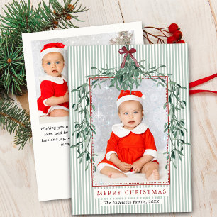 Elegant Bow Mistletoe Stripes Christmas Two Photo Holiday Card