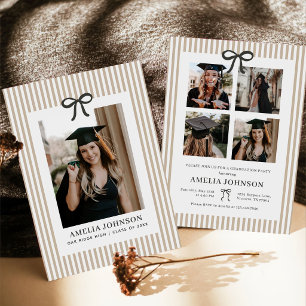 Elegant Bow Neutral Striped Photo Graduation Invitation