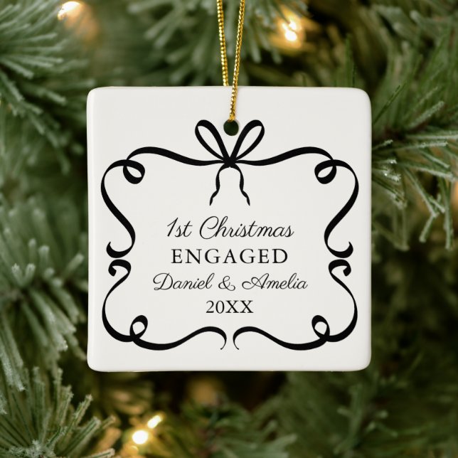 Elegant Bow Photo Keepsake 1st Christmas Engaged Ceramic Ornament (Tree)