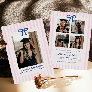 Elegant Bow Pink Striped Photo Graduation Invitation