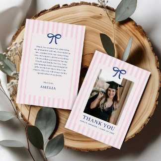 Elegant Bow Pink Striped Photo Graduation Thank You Card