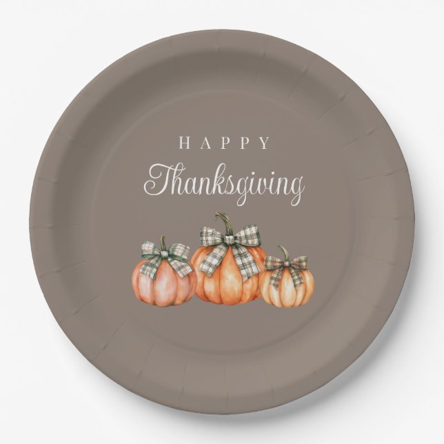 Elegant Bow Pumpkins Happy Thanksgiving Paper Plate (Front)