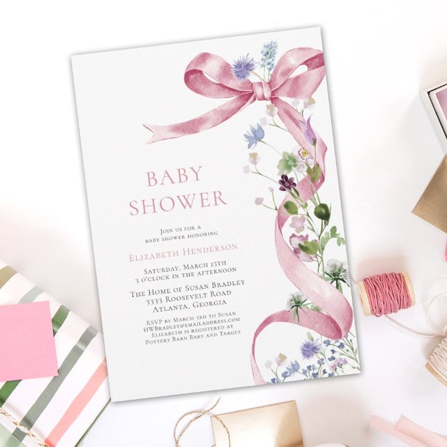 Elegant Bow Ribbon Wildflower Pink Baby Shower Invitation (Creator Uploaded)