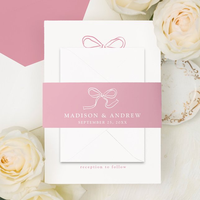 Elegant Bow Rose Pink Wedding Invitation Belly Band (Creator Uploaded)