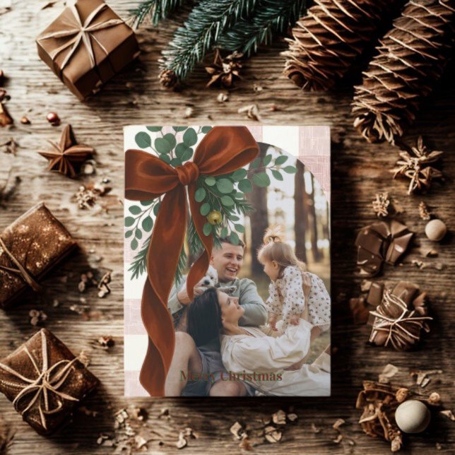 Elegant Bow Rustic Gingham Merry Christmas Photo  Holiday Postcard (Creator Uploaded)
