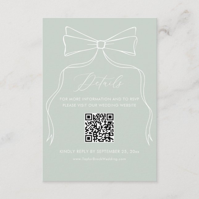 Elegant Bow Sage Green Wedding Details Qr Code Enclosure Card (Front)
