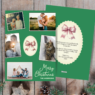 Elegant Bow Sea Green Christmas Photo Collage Holiday Card
