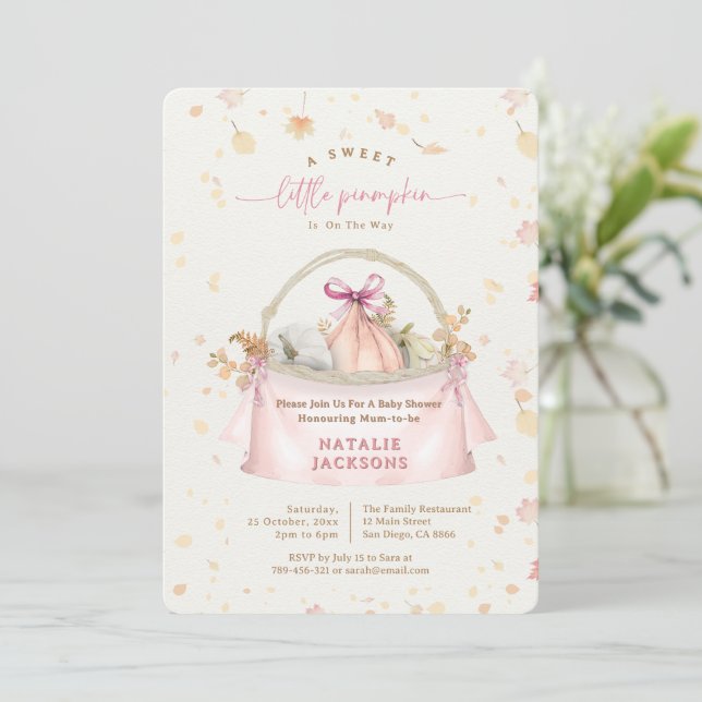 Elegant Bow Sweet Pink Little Pumpkin Baby Shower Invitation (Standing Front)