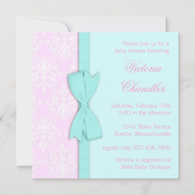 Elegant Bow Teal Blue Pink Damask Baby Girl Shower Invitation (Front)