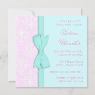 Elegant Bow Teal Blue Pink Damask Baby Girl Shower Invitation
