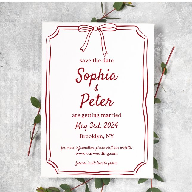 Elegant Bow Timeless Wedding Crimson Red Save The Date (Creator Uploaded)