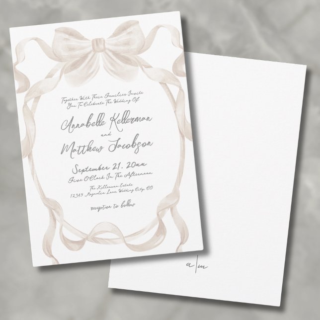 Elegant Bow Whimsical Wedding Invitation (Elegant Romantic Bow Ribbons Whimsical Wedding Invitation)