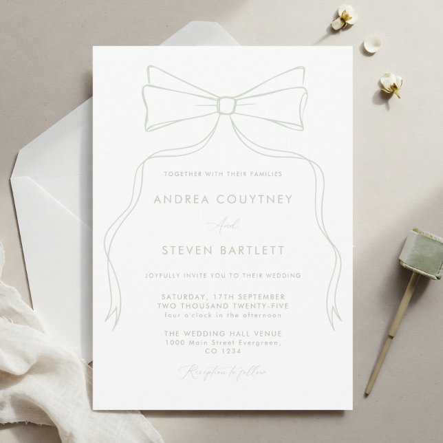 Elegant Bow White and Green Wedding Invitation (Creator Uploaded)