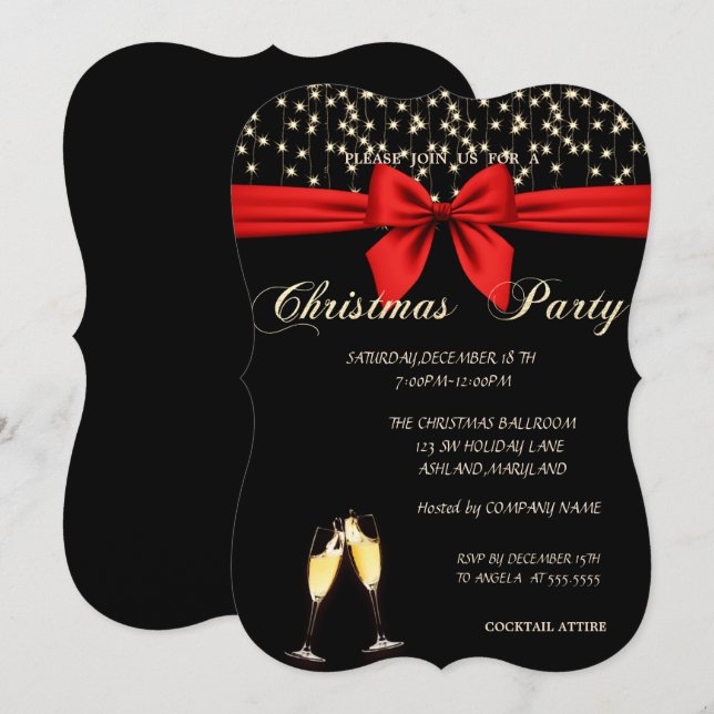Elegant, Bow,Wine Glass,  Company Christmas Party Invitation (Front/Back)