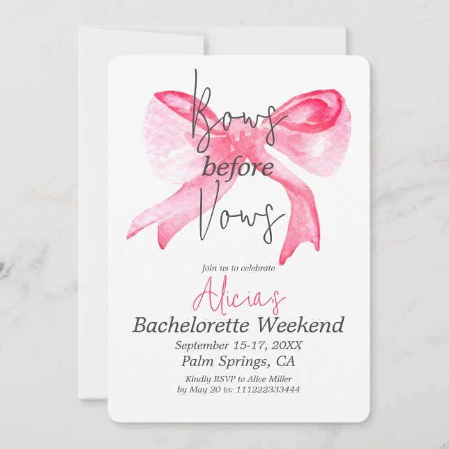 Elegant Bows before Vows Pink Bachelorette Party Invitation (Front)