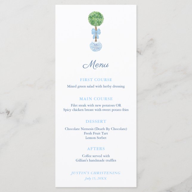 Elegant Boxwood Baby Boy Christening Celebration Menu (Front)