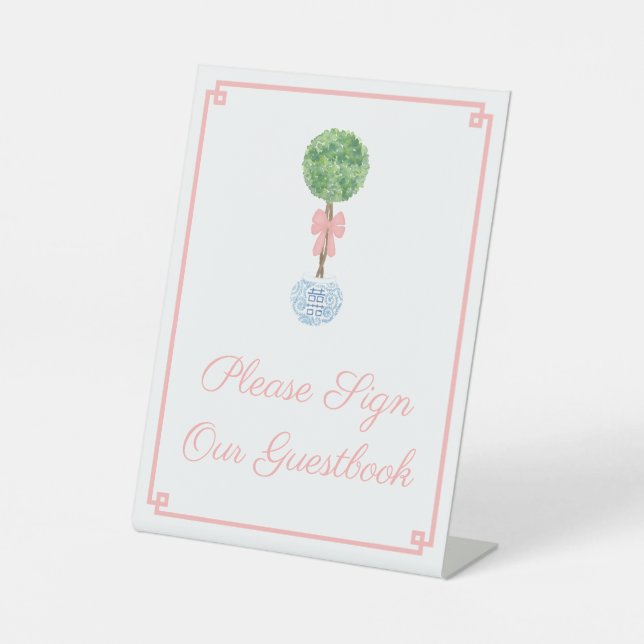 Elegant Boxwood Baby Girl Baby Shower Guestbook Pedestal Sign (Front)