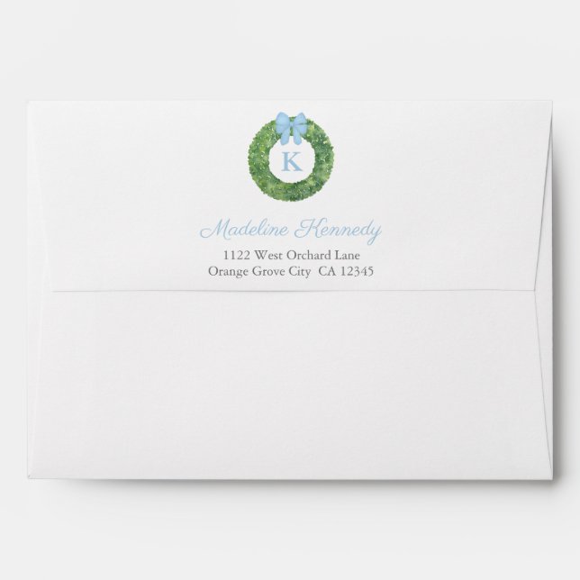 Elegant Boxwood Blue Ribbon Baptism Return Address Envelope (Back (Top Flap))