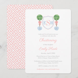 Elegant Boxwood Monogram Girl Christening Party Invitation
