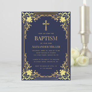 Elegant Boy Baptism Navy Blue Faux Gold Vintage Invitation