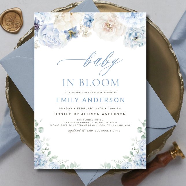 Elegant Boy Blue Baby in Bloom Baby Shower  Invitation (Creator Uploaded)