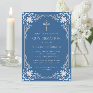 Elegant Boy Confirmation Classic Blue Faux Silver  Invitation