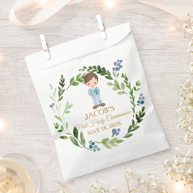 Elegant Boy First Holy Communion Greenery Wreath Favour Bags (Clipped)