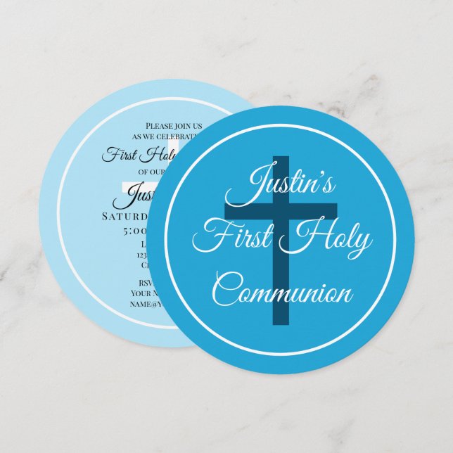 Elegant boy's first holy communion religious cross invitation (Front/Back)
