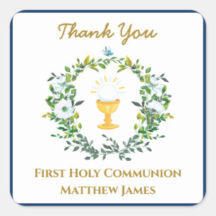 Elegant Boys Navy  Floral First Holy Communion Square Sticker