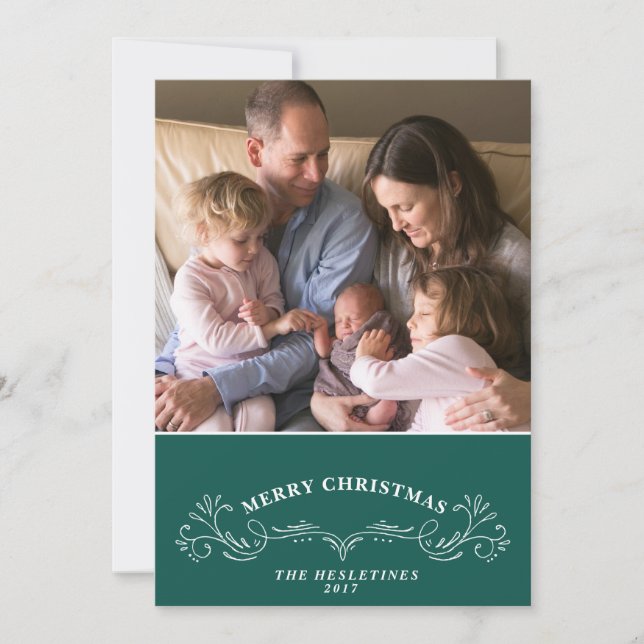 Elegant Bracket Dark Teal and White Holiday Photo Card (Front)